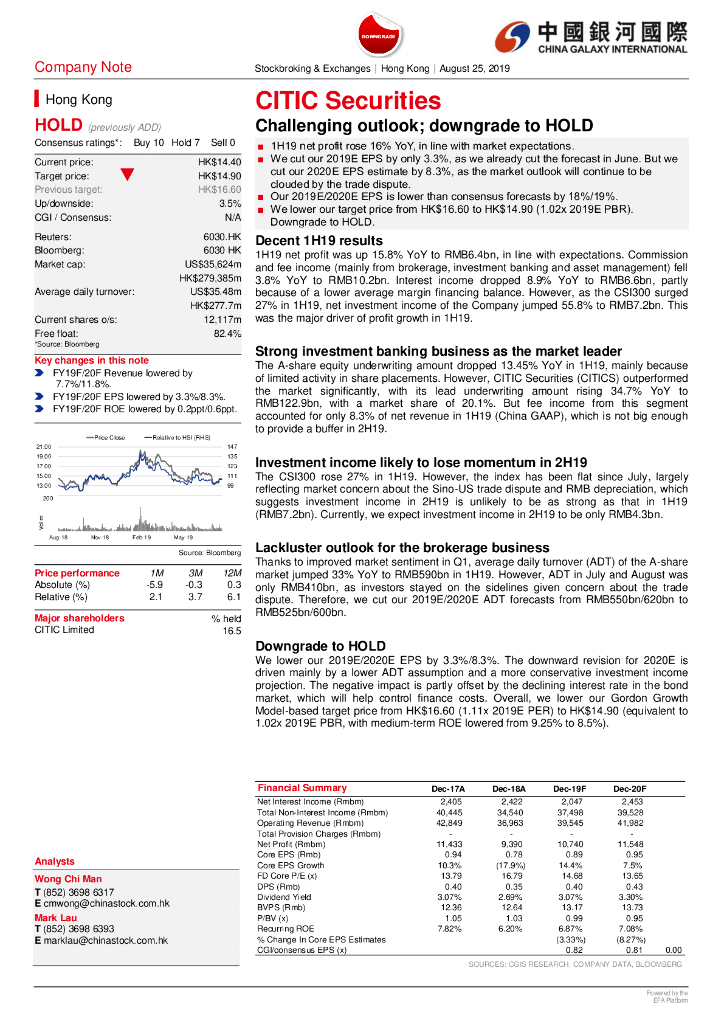 中国银河国际证券：中信证券（06030）港股公司研究报告-Challengingoutlook;downgradetoHOLD