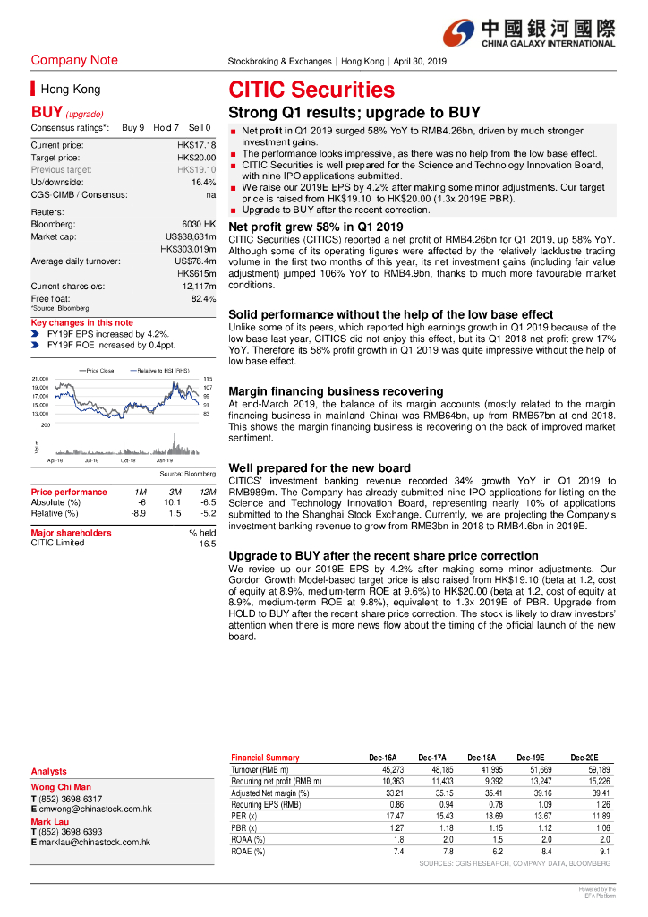 中国银河国际证券：中信证券（06030）港股公司研究报告-StrongQ1results;upgradetoBUY