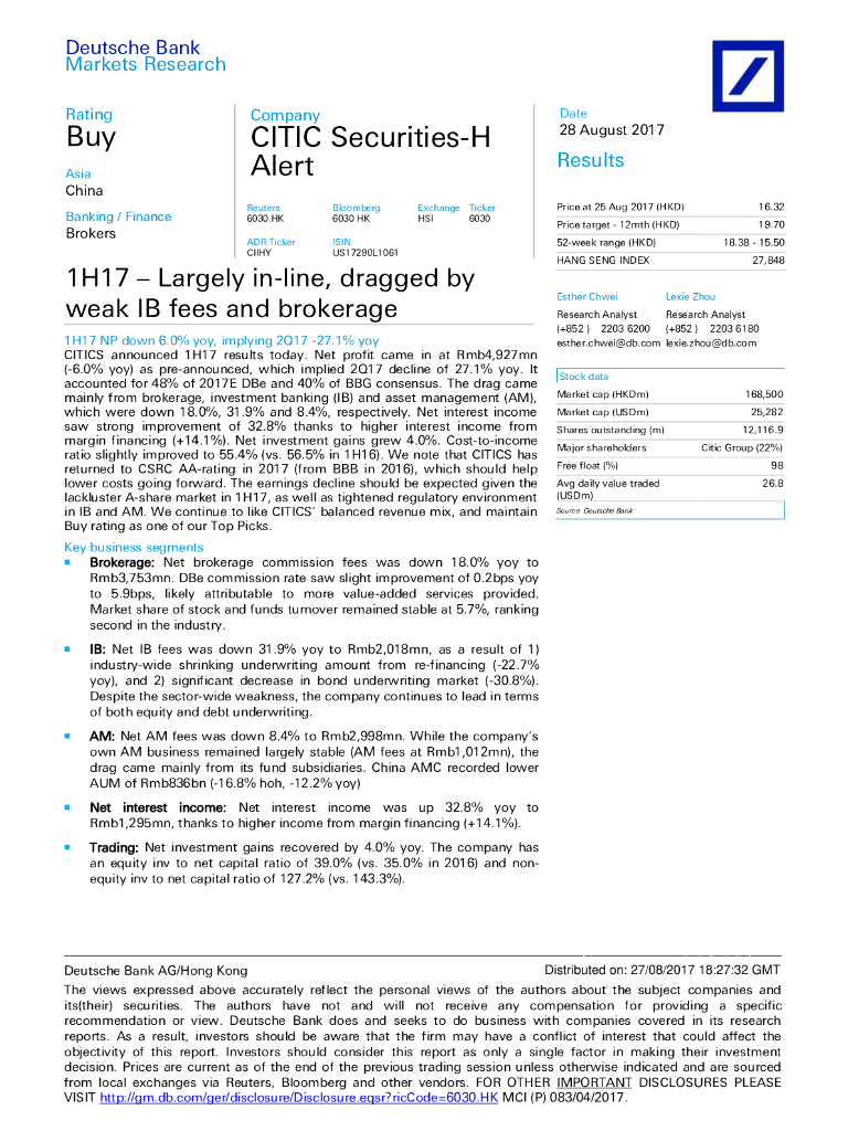 德意志银行：中信证券（06030）港股公司研究报告-1H17–Largelyin-line,draggedbyweakIBfeesandbrokerage