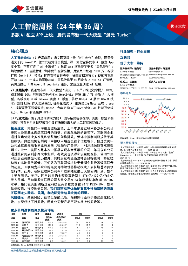国信证券：<em>人工智能</em>周报（24年第36周）：多款AI独立APP上线，腾讯发布新一代大模型“混元Turbo” 海报
