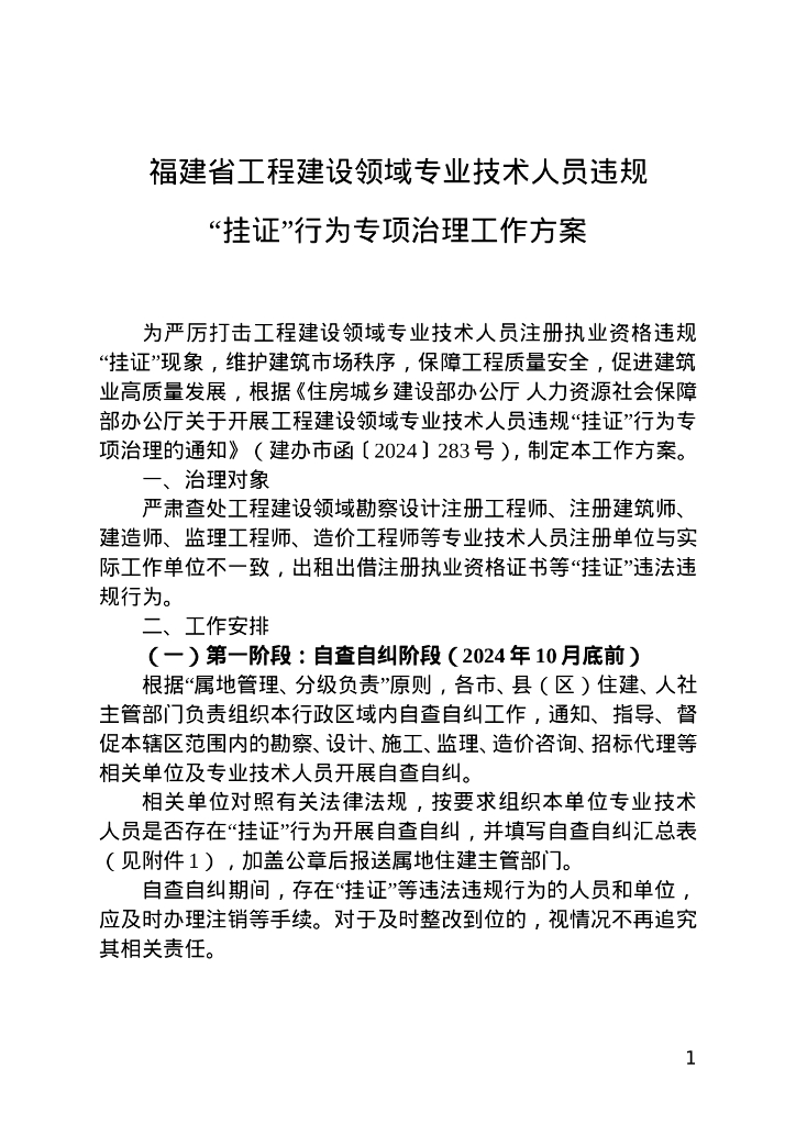 福建省工程建设领域专业技术人员违规“挂证”行为专项治理工作方案
