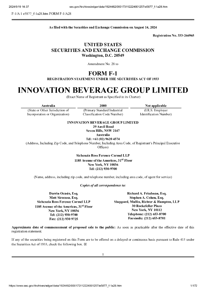 Innovation Beverage Group Limited美股纳斯达克IPO上市招股说明书