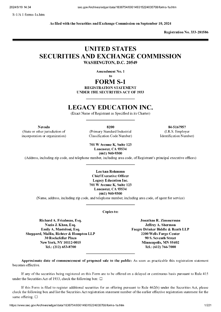 美国医疗职业教育机构运营商（Legacy Education Inc.）美股纳斯达克IPO上市招股说明书