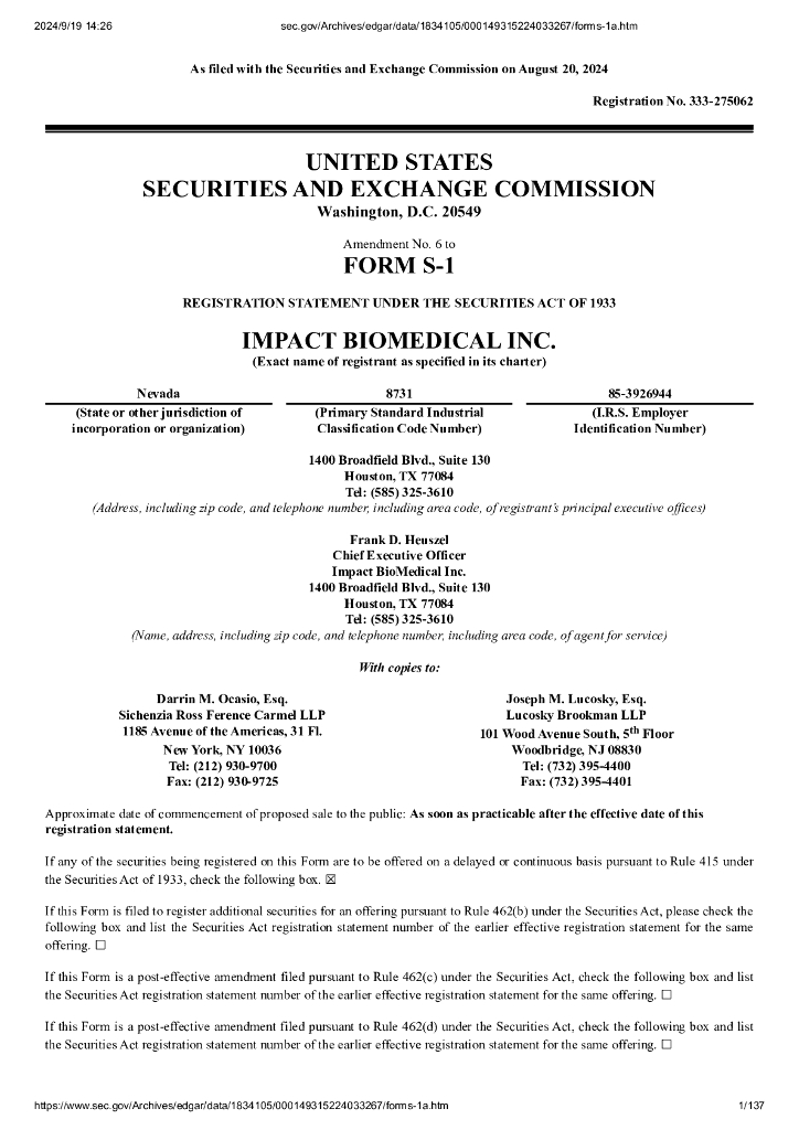 Impact BioMedical Inc.美股纳斯达克IPO上市招股说明书