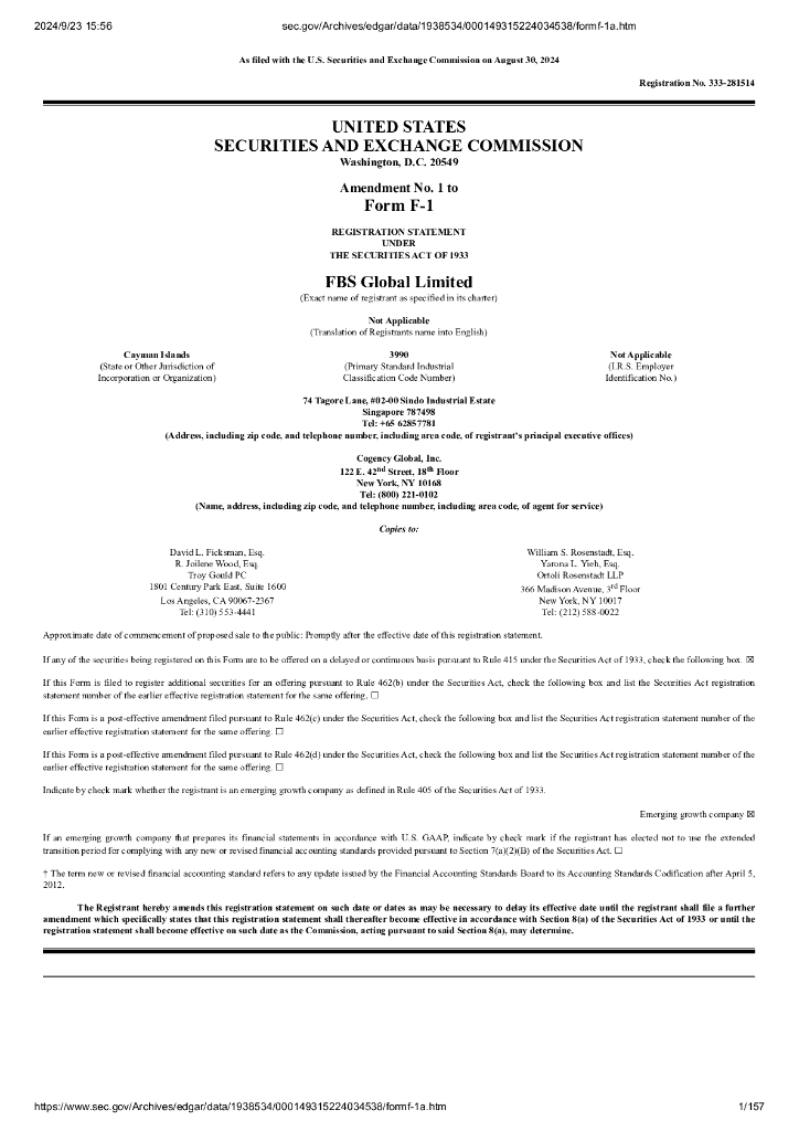 FBS Global Limited美股纳斯达克IPO上市招股说明书