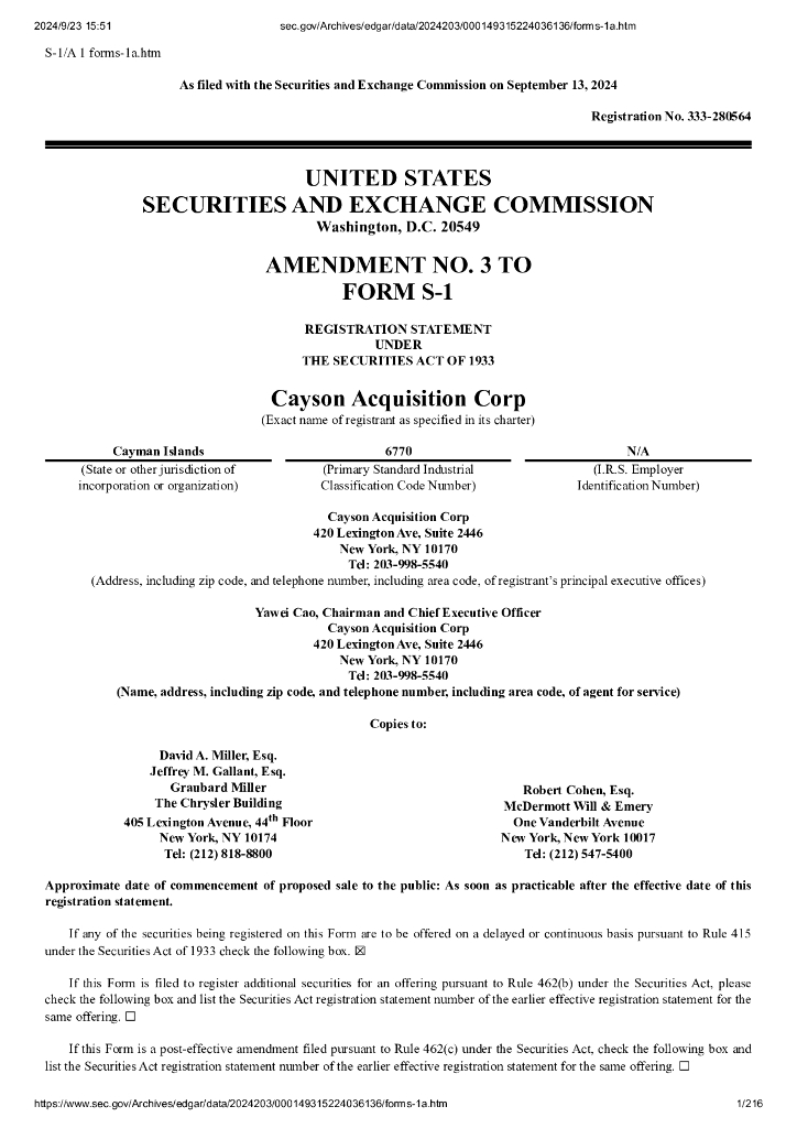 Cayson Acquisition Corp美股纳斯达克IPO上市招股说明书