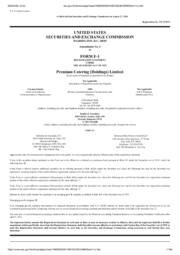Premium Catering（Holdings）Limited美股纳斯达克IPO上市招股说明书