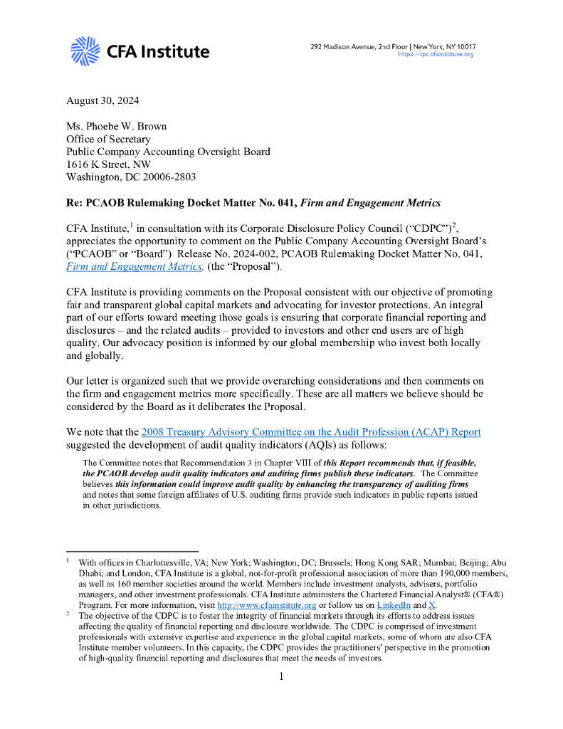CFA Institute：致PCAOB关于其公司和敬业度指标提案的评论信（英文版）