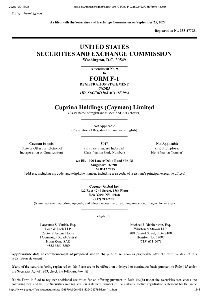 Cuprina Holdings(Cayman)Limited美股纳斯达克IPO上市招股说明书
