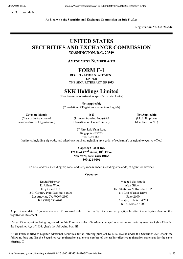 SKK Holdings Limited美股纳斯达克IPO上市招股说明书