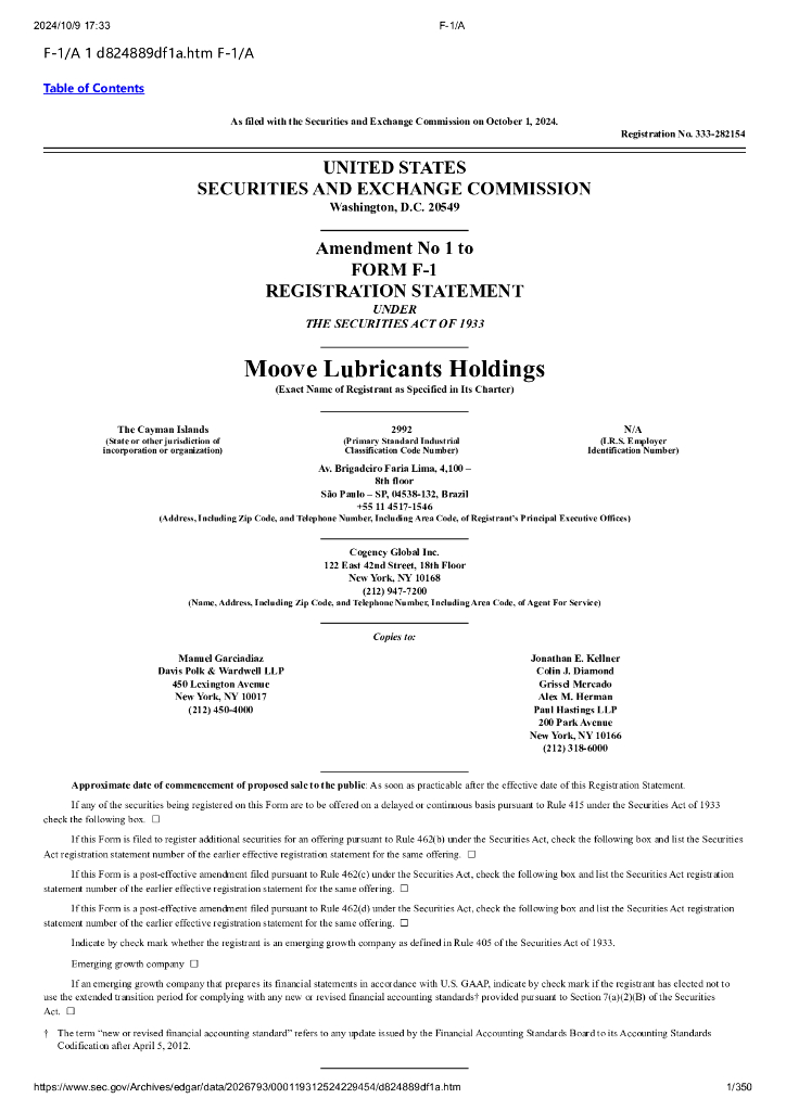Moove Lubricants Holdings美股纳斯达克IPO上市招股说明书