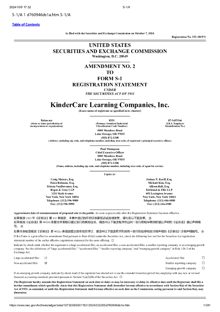 KinderCare Learning Companies,Inc.美股纳斯达克IPO上市招股说明书