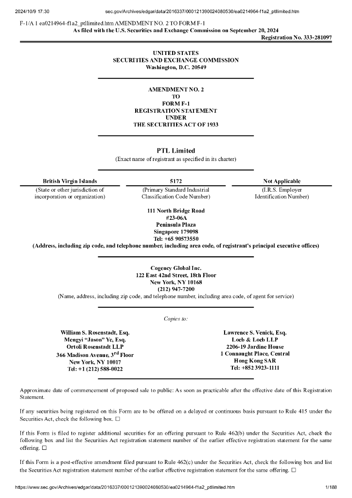 PTL Limited美股纳斯达克IPO上市招股说明书