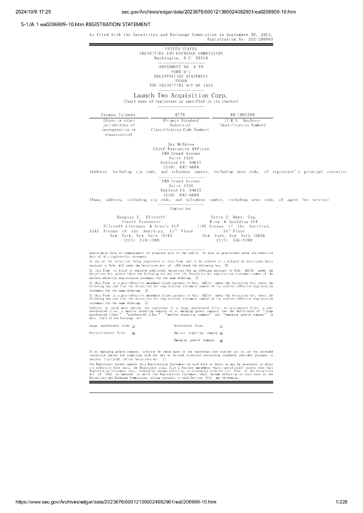 Launch Two Acquisition Corp.美股纳斯达克IPO上市招股说明书