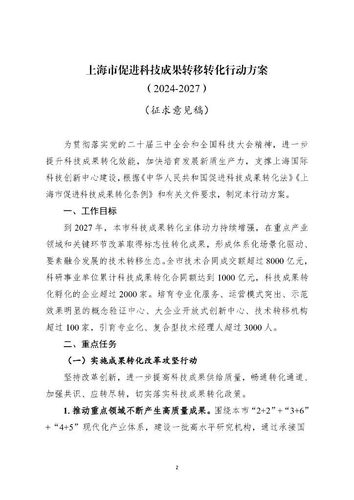 上海市促进科技成果转移转化行动方案（2024-2027）（征求意见稿）