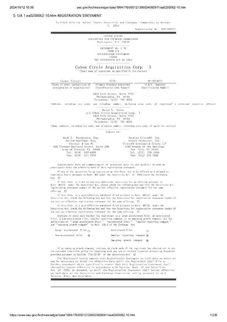 Cohen Circle Acquisition Corp.美股纳斯达克IPO上市招股说明书