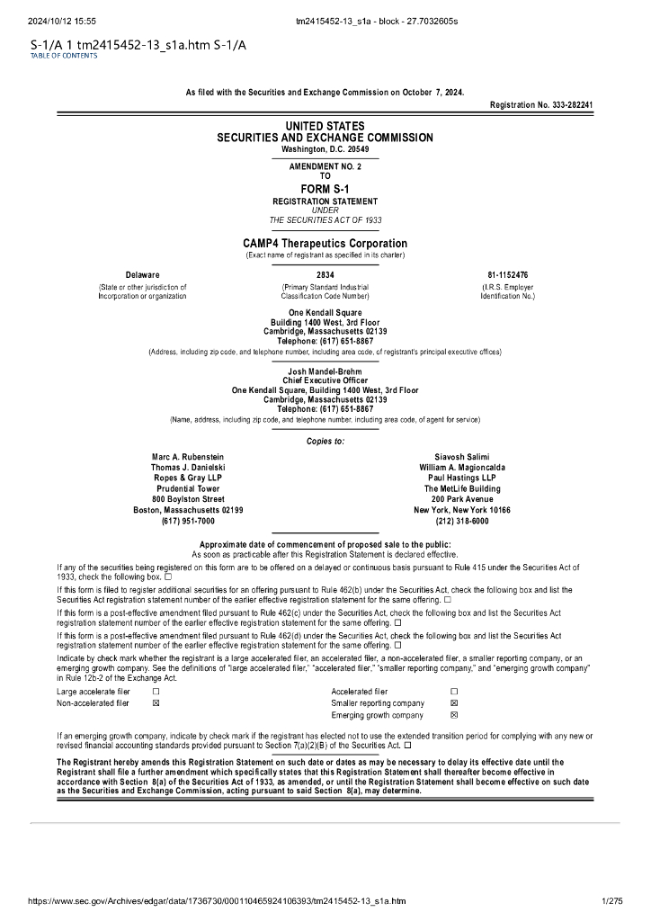 CAMP4 Therapeutics Corporation美股纳斯达克IPO上市招股说明书