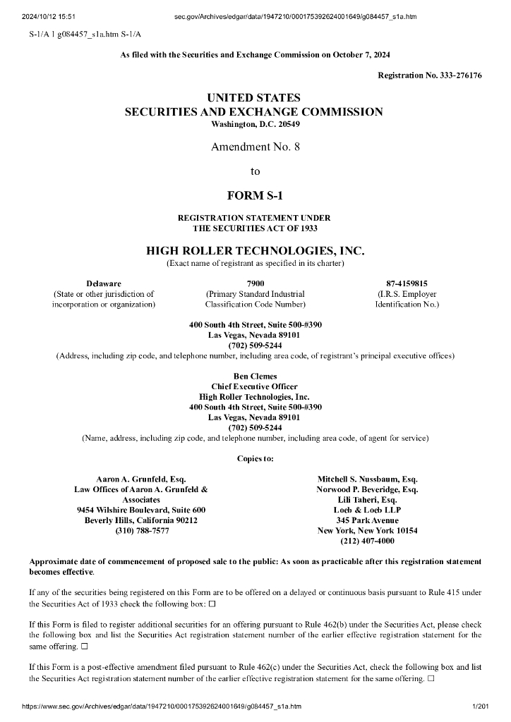 High Roller Technologies,Inc.美股纳斯达克IPO上市招股说明书