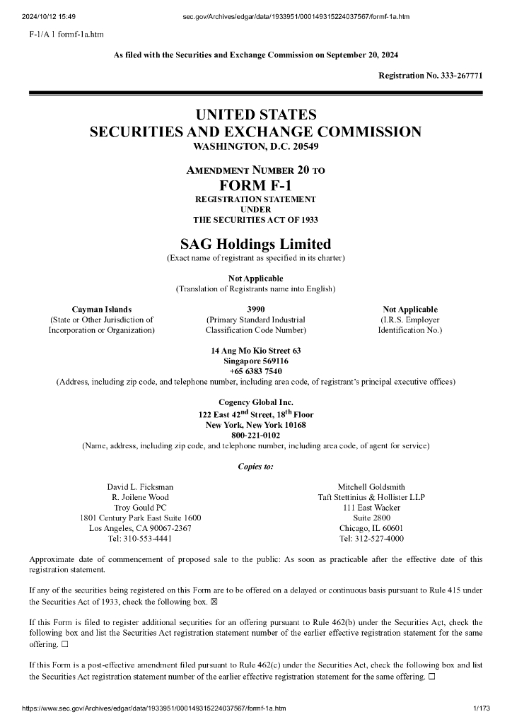 SAG Holdings Limited美股纳斯达克IPO上市招股说明书