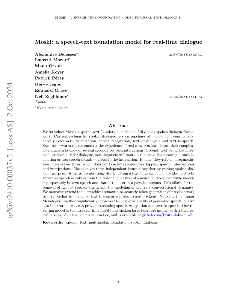 Moshi：2024实时对话的语音-文本基础模型技术（英文版）