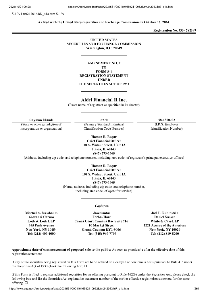 Aldel Financial II Inc.美股纳斯达克IPO上市招股说明书