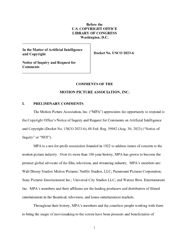 美国电影协会（MPA）：MPA针对人工智能和版权调查通知向美国版权局发表的评论（英文版）