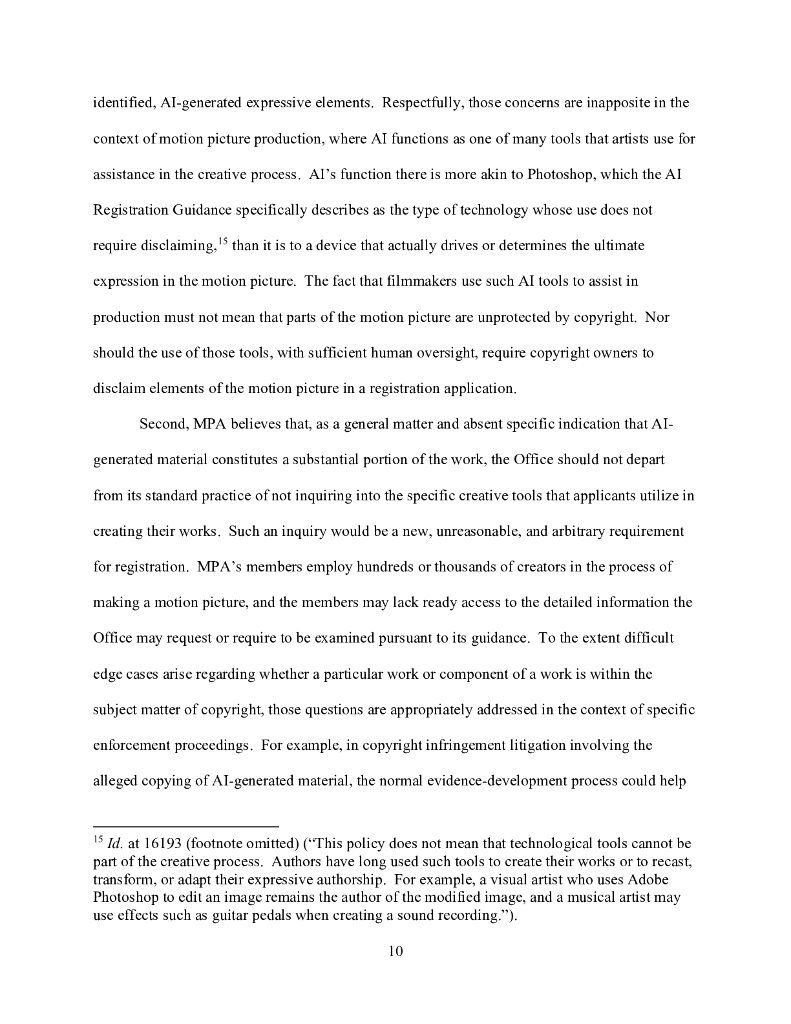美国电影协会（MPA）：MPA针对人工智能和版权调查通知向美国版权局发表的评论（英文版）_第10页