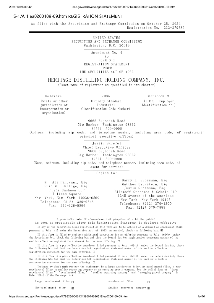 Heritage Distilling Holding Company,Inc.美股纳斯达克IPO上市招股说明书