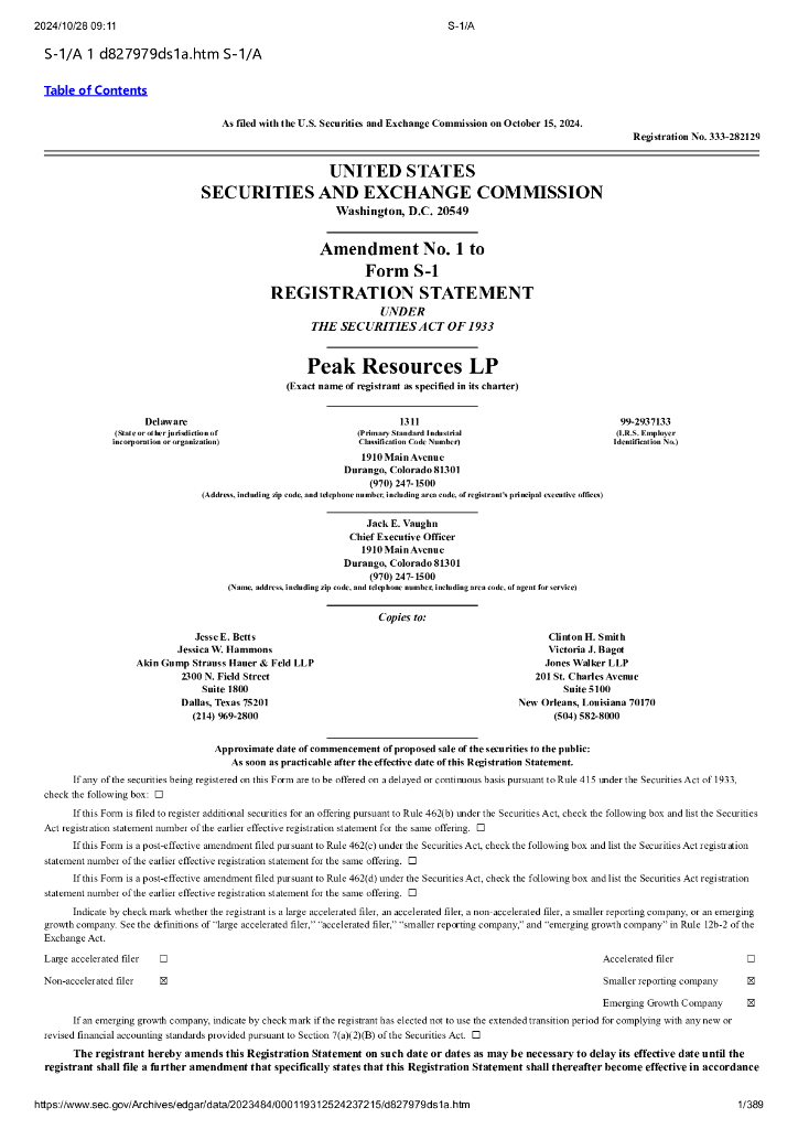 Peak Resources LP美股纳斯达克IPO上市招股说明书