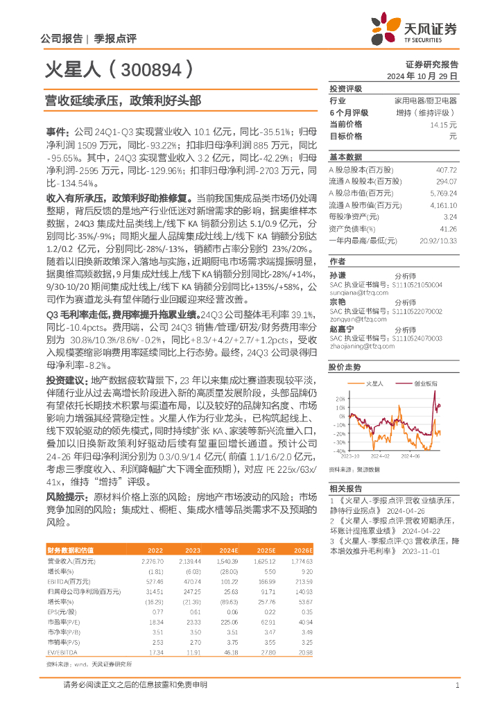 天风证券：火星人（300894）-营收延续承压，政策利好头部