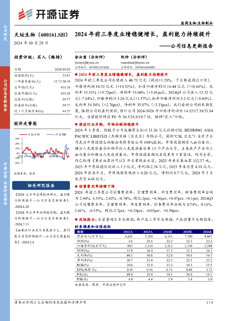 开源证券：天坛生物（600161）-公司信息更新报告：2024年前三季度业绩稳健增长，盈利能力持续提升