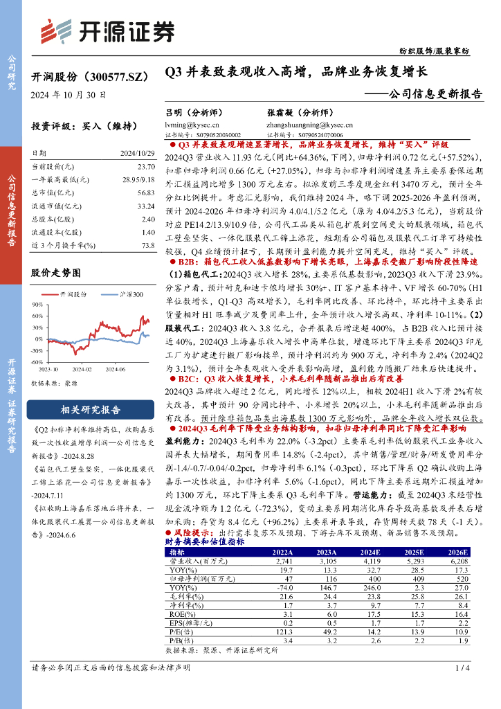 开源证券：开润股份（300577）-公司信息更新报告：Q3并表致表观收入高增，品牌业务恢复增长