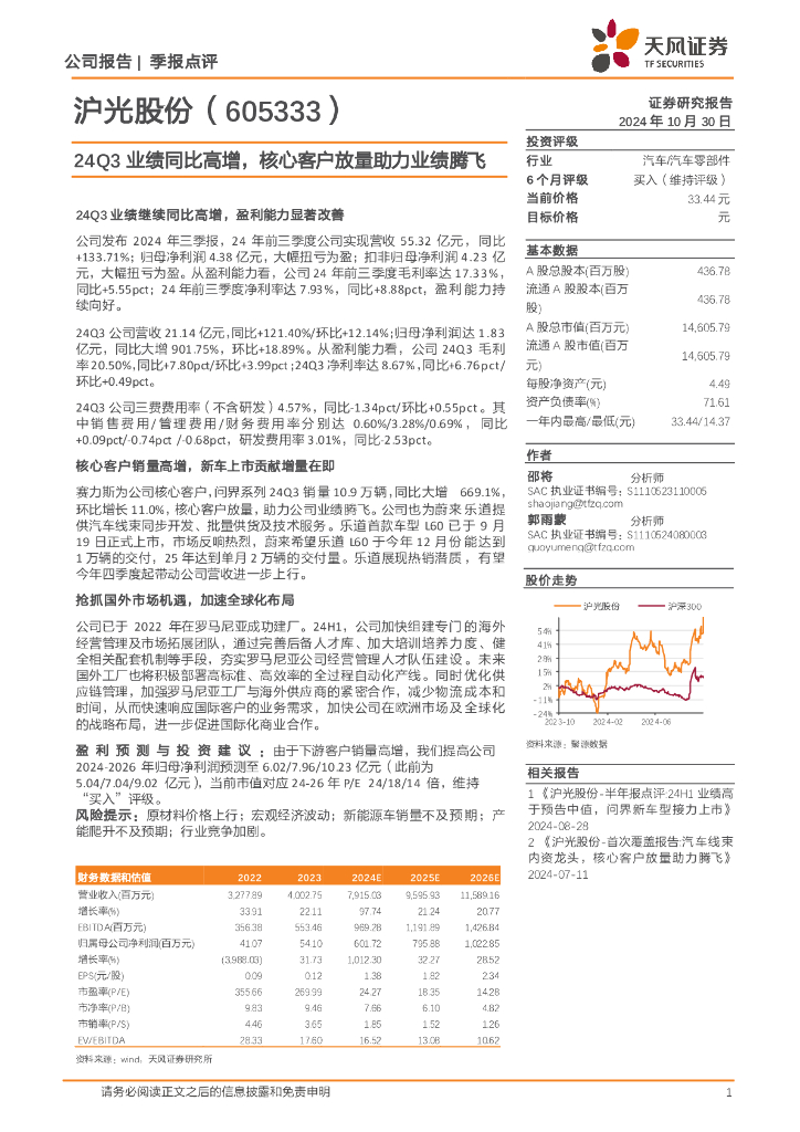 天风证券：沪光股份（605333）-24Q3业绩同比高增，核心客户放量助力业绩腾飞
