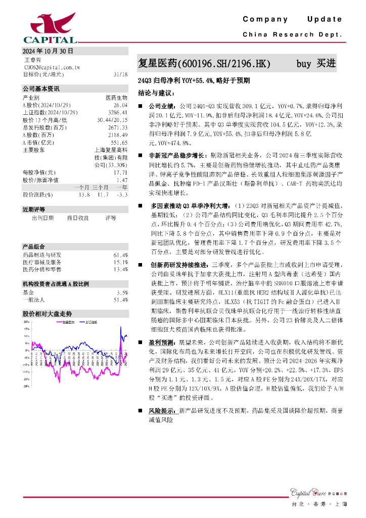群益证券：复星医药（600196）-24Q3归母净利YOY+55.4%，略好于预期