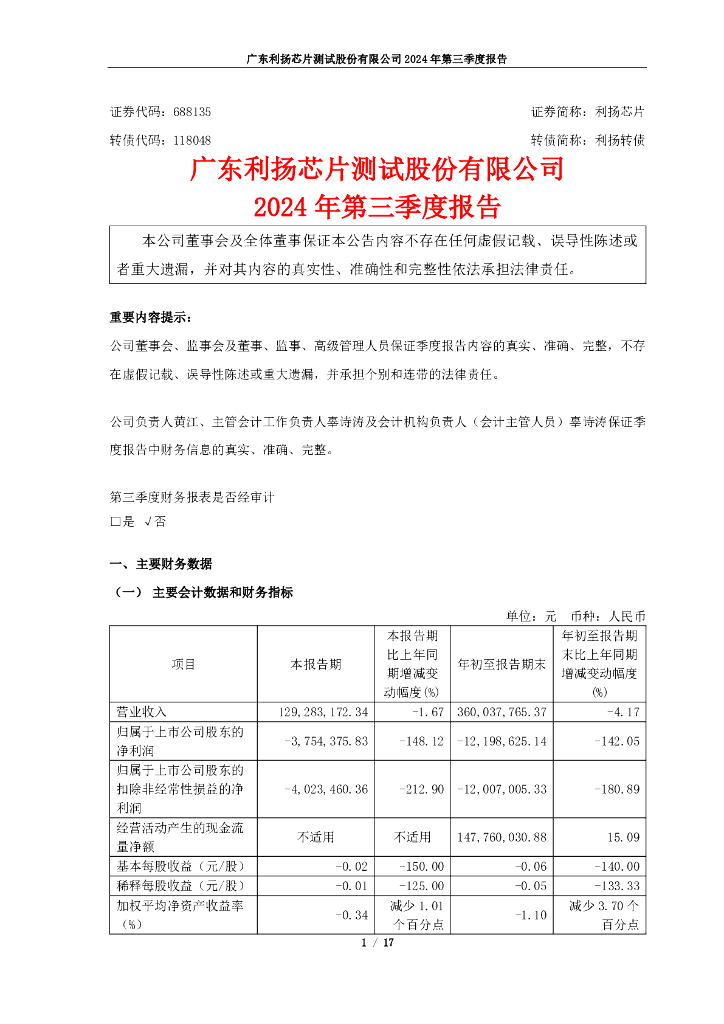 688135-利扬<em>芯片</em>：2024年第三季度报告 海报
