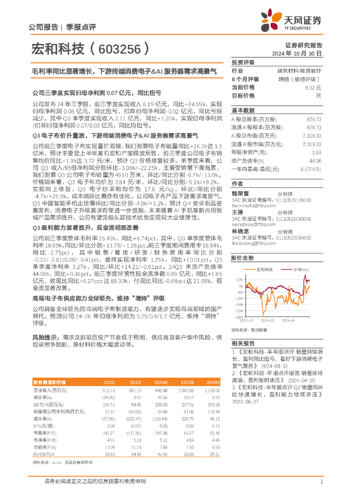 天风证券：宏和科技（603256）-毛利率同比显著增长，下游终端消费电子&AI服务器需求高景气