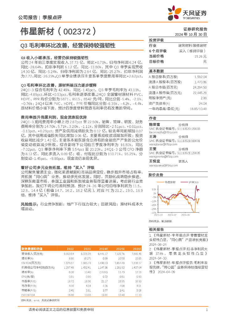 天风证券：伟星新材（002372）-Q3毛利率环比改善，经营保持较强韧性