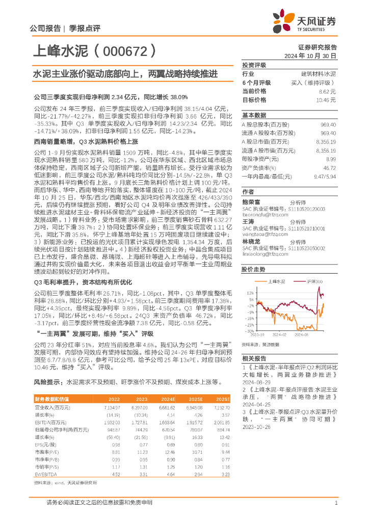 天风证券：上峰水泥（000672）-水泥主业涨价驱动底部向上，两翼战略持续推进