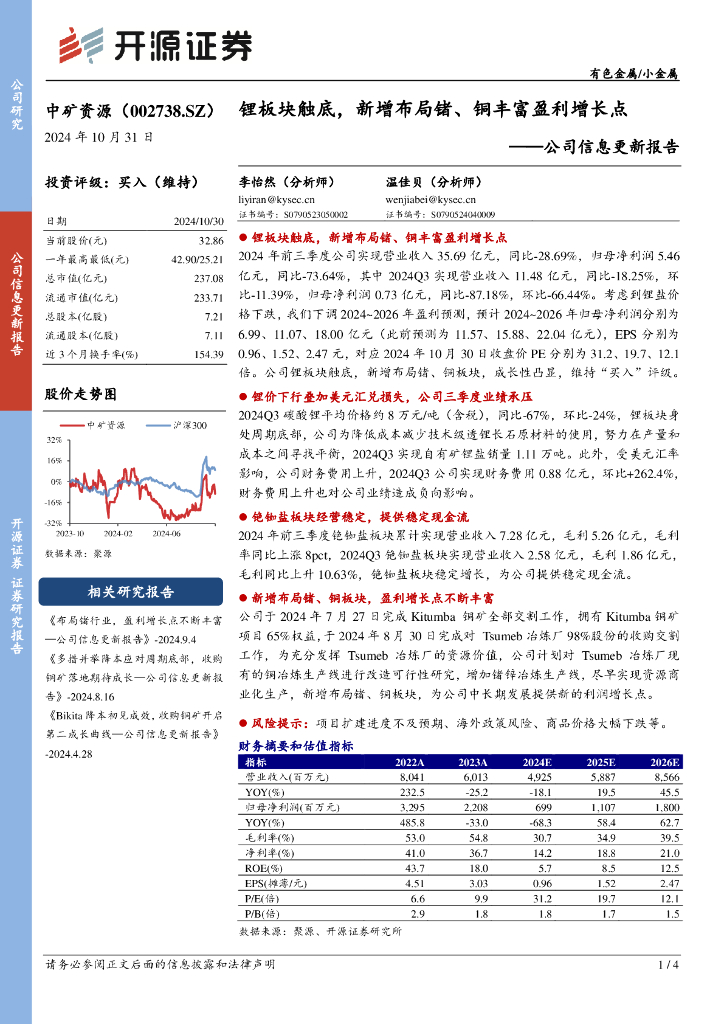开源证券：中矿资源（002738）-公司信息更新报告：锂板块触底，新增布局锗、铜丰富盈利增长点