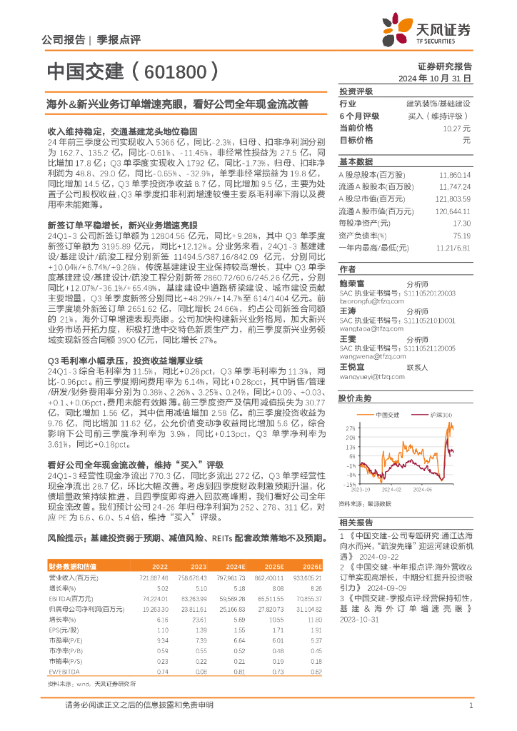 天风证券：中国交建（601800）-海外&新兴业务订单增速亮眼，看好公司全年现金流改善