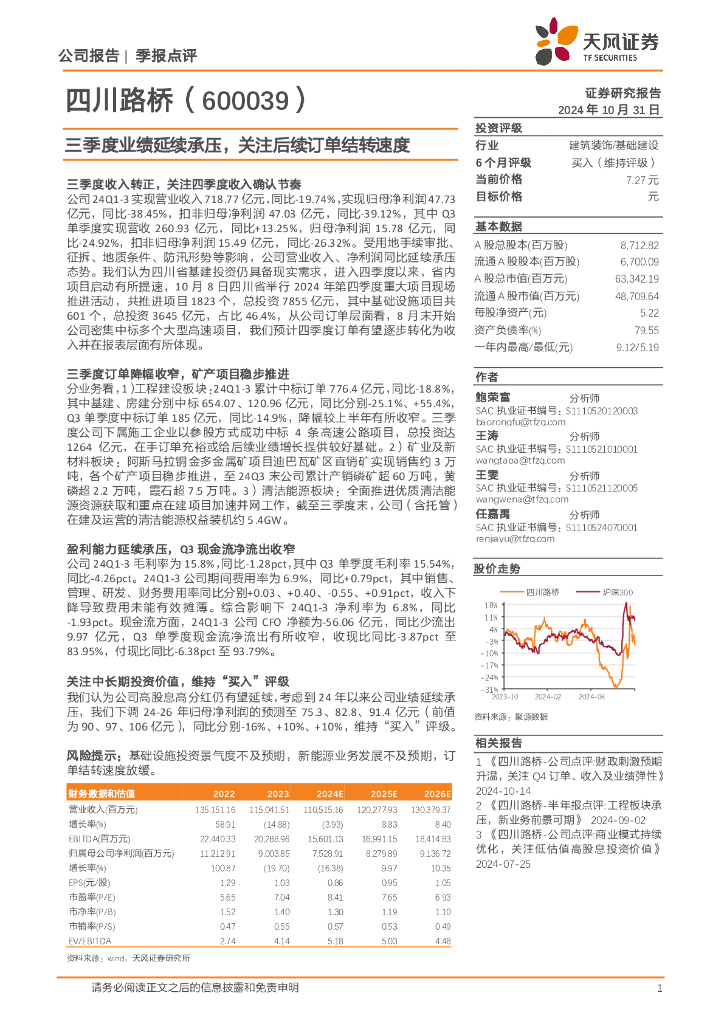 天风证券：四川路桥（600039）-三季度业绩延续承压，关注后续订单结转速度
