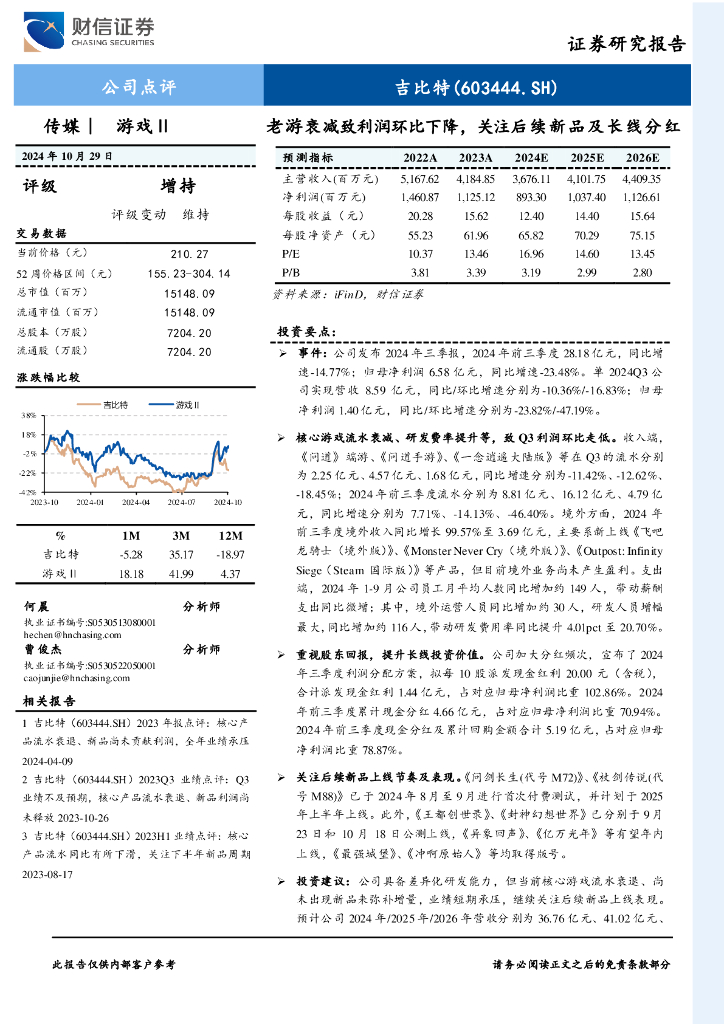 财信证券：吉比特（603444）-老游衰减致利润环比下降，关注后续新品及长线分红
