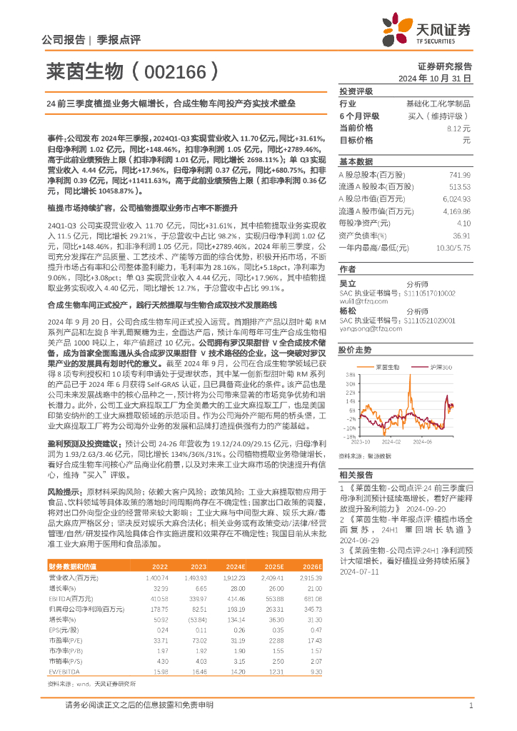 天风证券：莱茵生物（002166）-24前三季度植提业务大幅增长，合成生物车间投产夯实技术壁垒
