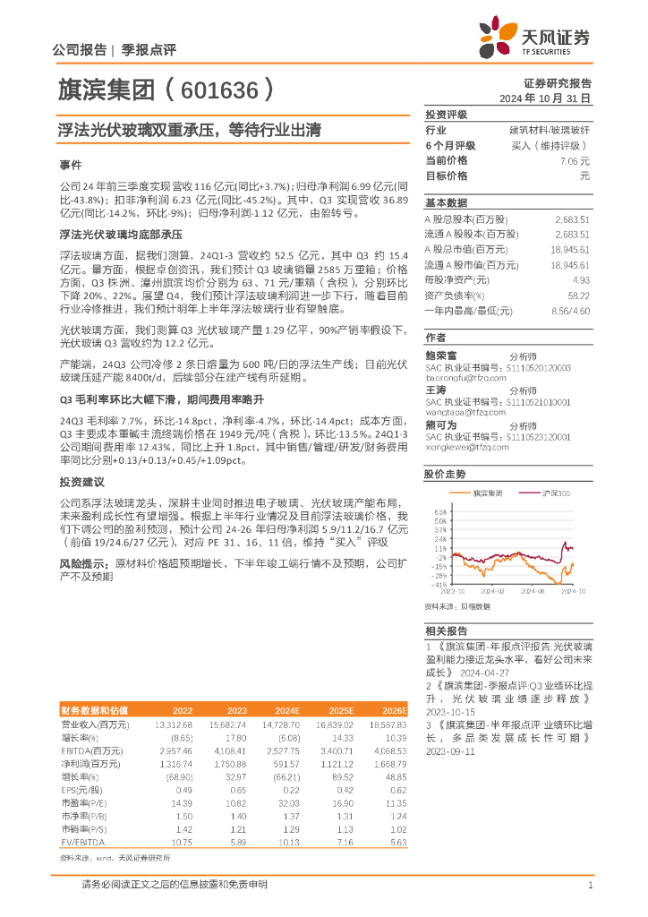 天风证券：旗滨集团（601636）-浮法光伏玻璃双重承压，等待行业出清