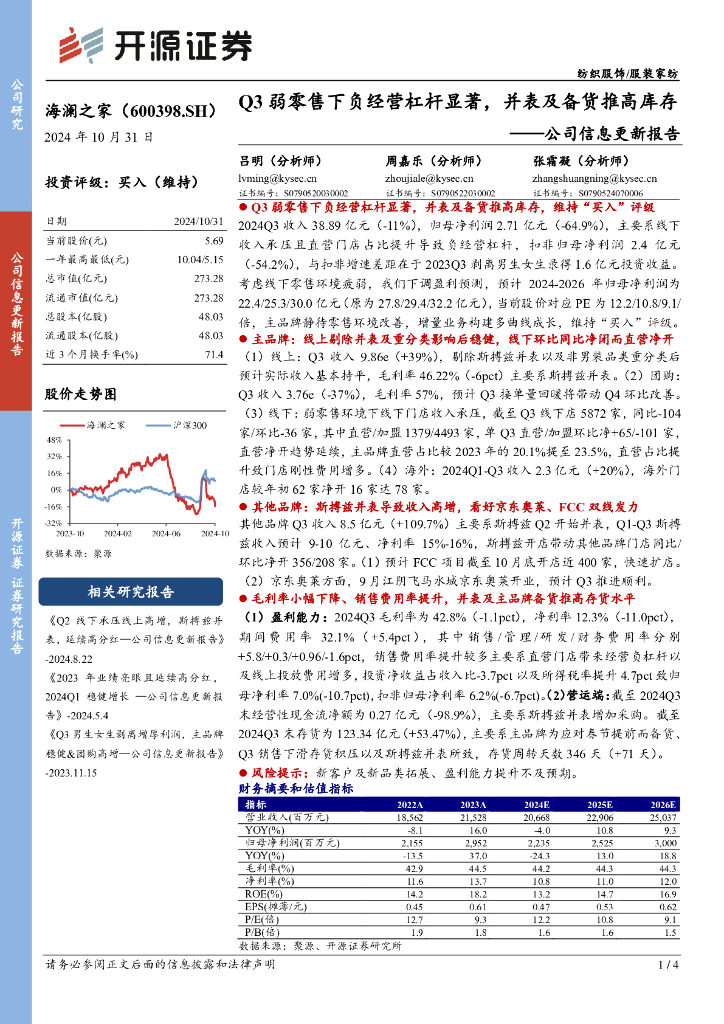 开源证券：海澜之家（600398）-公司信息更新报告：Q3弱零售下负经营杠杆显著，并表及备货推高库存
