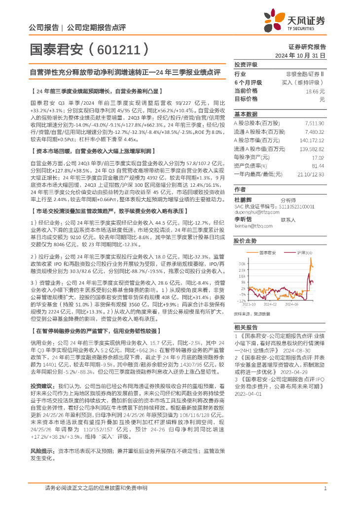 天风证券：国泰君安（601211）-24年三季报业绩点评：自营弹性充分释放带动净利润增速转正
