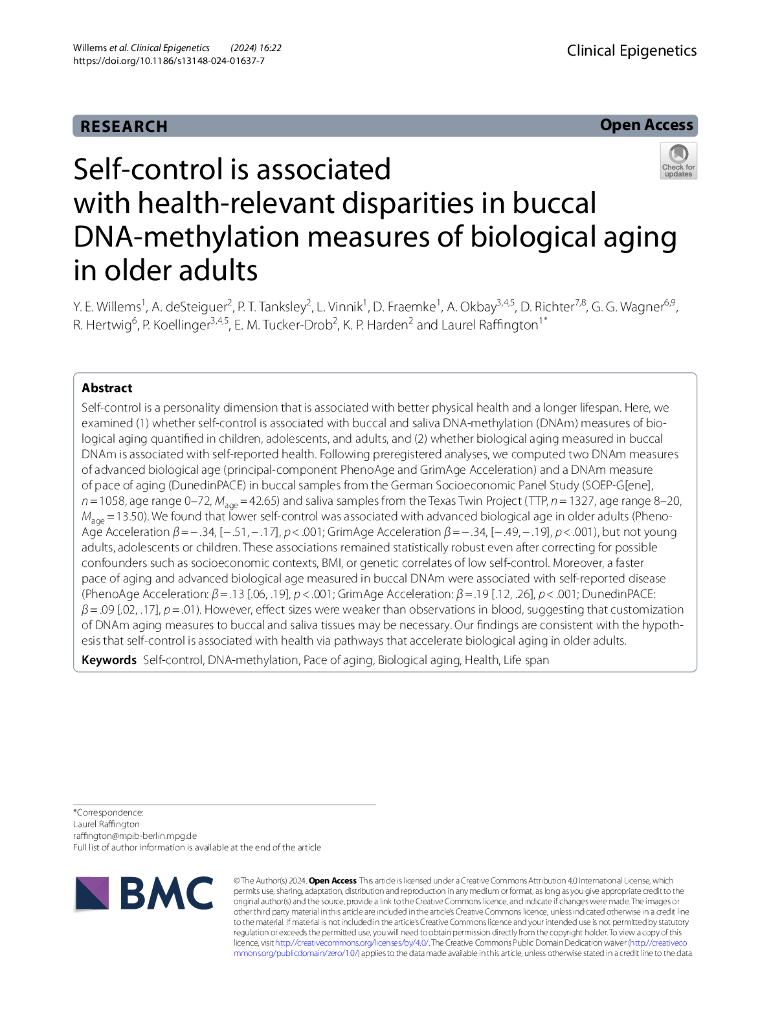 自我控制与老年人生物衰老的口腔DNA甲基化测量结果的健康相关差异相关（英文版）