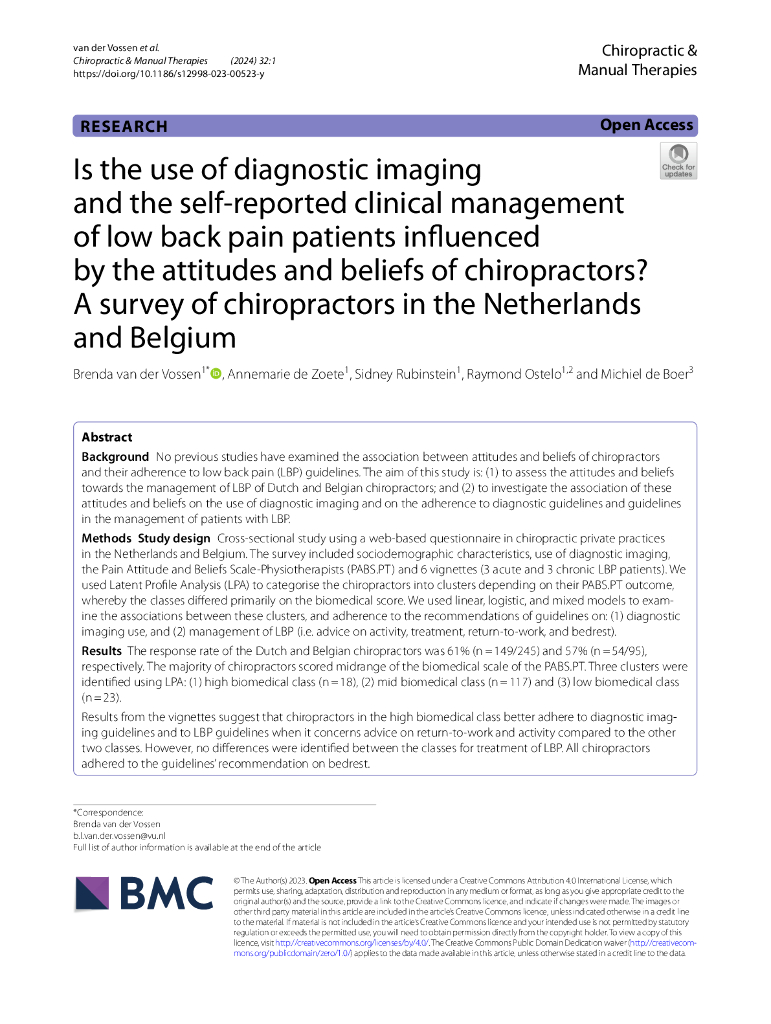 IVM：诊断影像的使用和腰痛患者自我报告的临床治疗是否受到脊椎按摩师的态度和信仰的影响？对荷兰和比利时脊椎按摩师的调查（英文版）