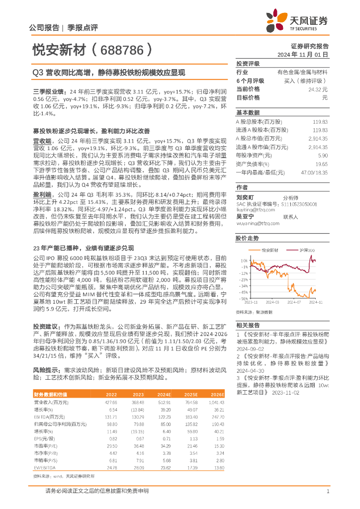 天风证券：悦安新材（688786）-Q3营收同比高增，静待募投铁粉规模效应显现