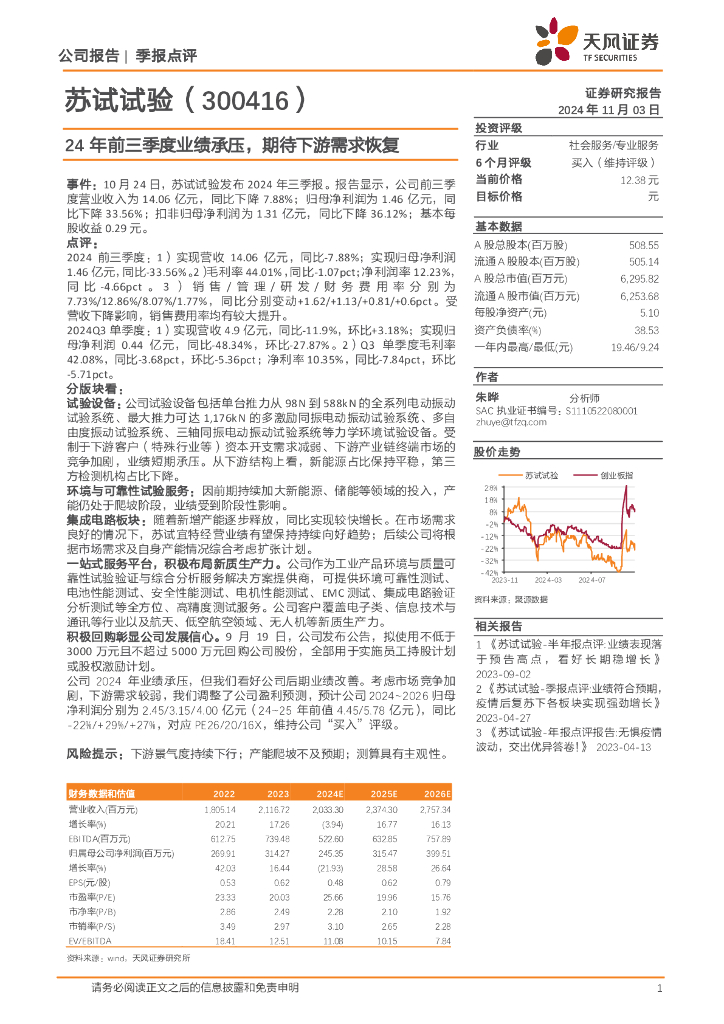 天风证券：苏试试验（300416）-24年前三季度业绩承压，期待下游需求恢复